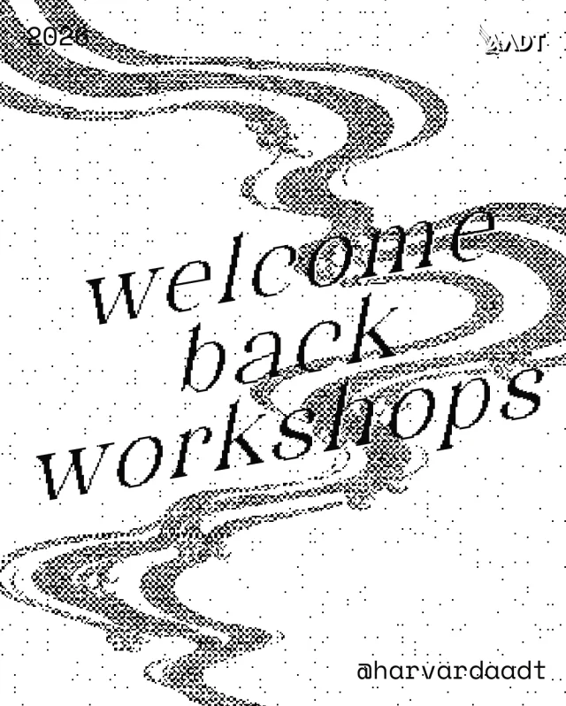 White workshop announcement with black pixelated contours and italic lettering