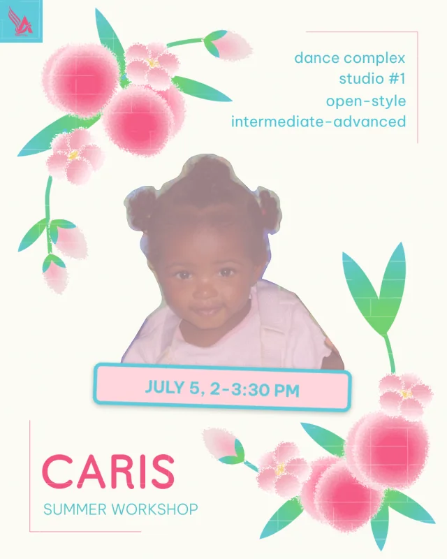 Caris summer workshop poster, combining a childhood portrait with pink and turquoise botanical illustrations
