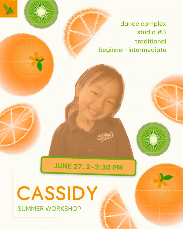 Cassidy summer workshop poster, combining a childhood portrait with orange and kiwi illustrations