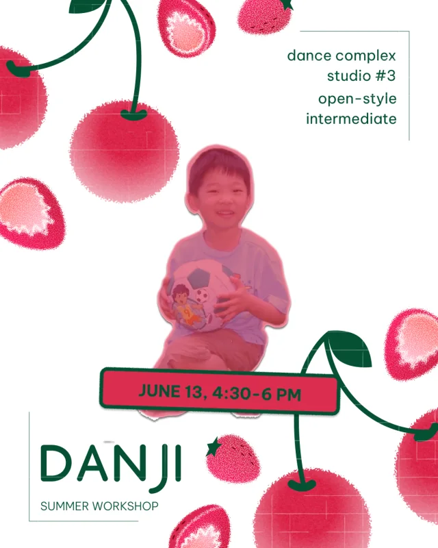 Danji summer workshop poster, combining a childhood portrait with cherry-red fruit illustrations