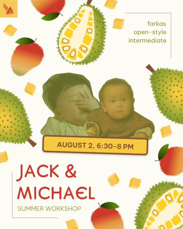 Jack & Michael summer workshop poster, combining a childhood portrait with mango and jackfruit illustrations