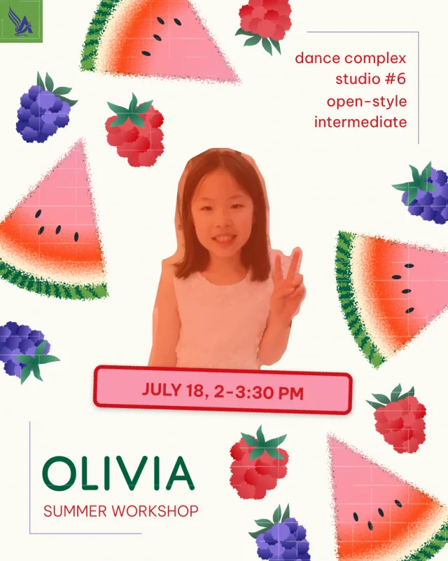 Olivia summer workshop poster, combining a childhood portrait with watermelon and berry illustrations