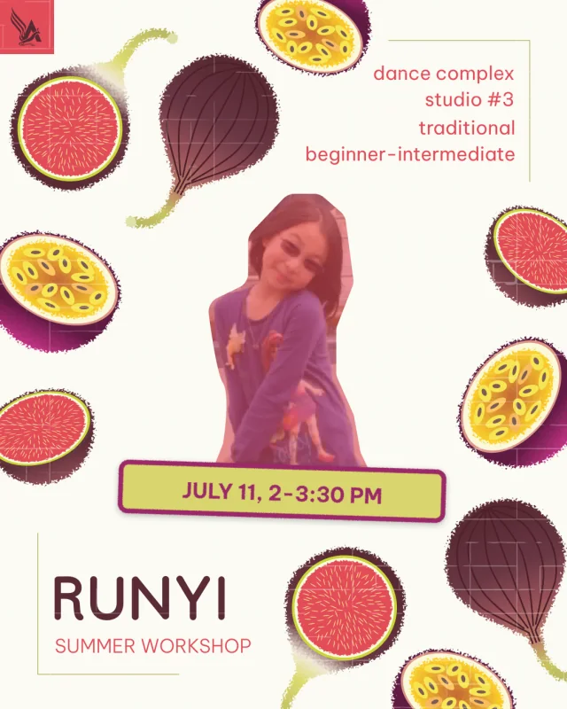 Runyi summer workshop poster, combining a childhood portrait with fig and passion fruit illustrations