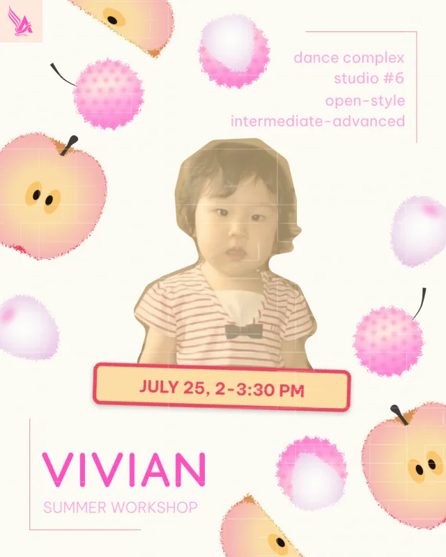 Vivian summer workshop poster, combining a childhood portrait with soft pink fruit illustrations