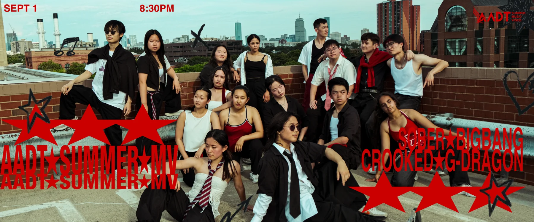AADT summer music video banner with a rooftop group portrait, red stars, and oversized red typography