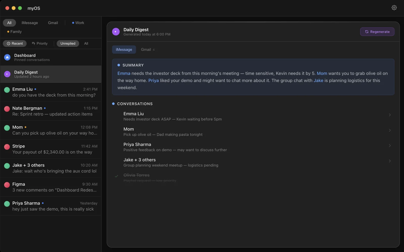 myOS daily digest summarizes messages and identifies conversations that need attention