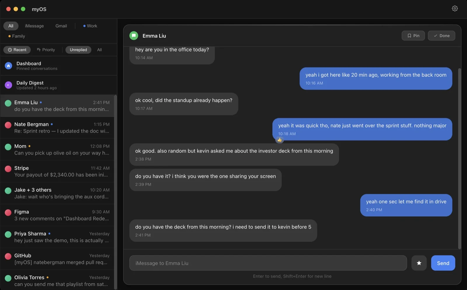 myOS unified inbox showing messages and connected accounts